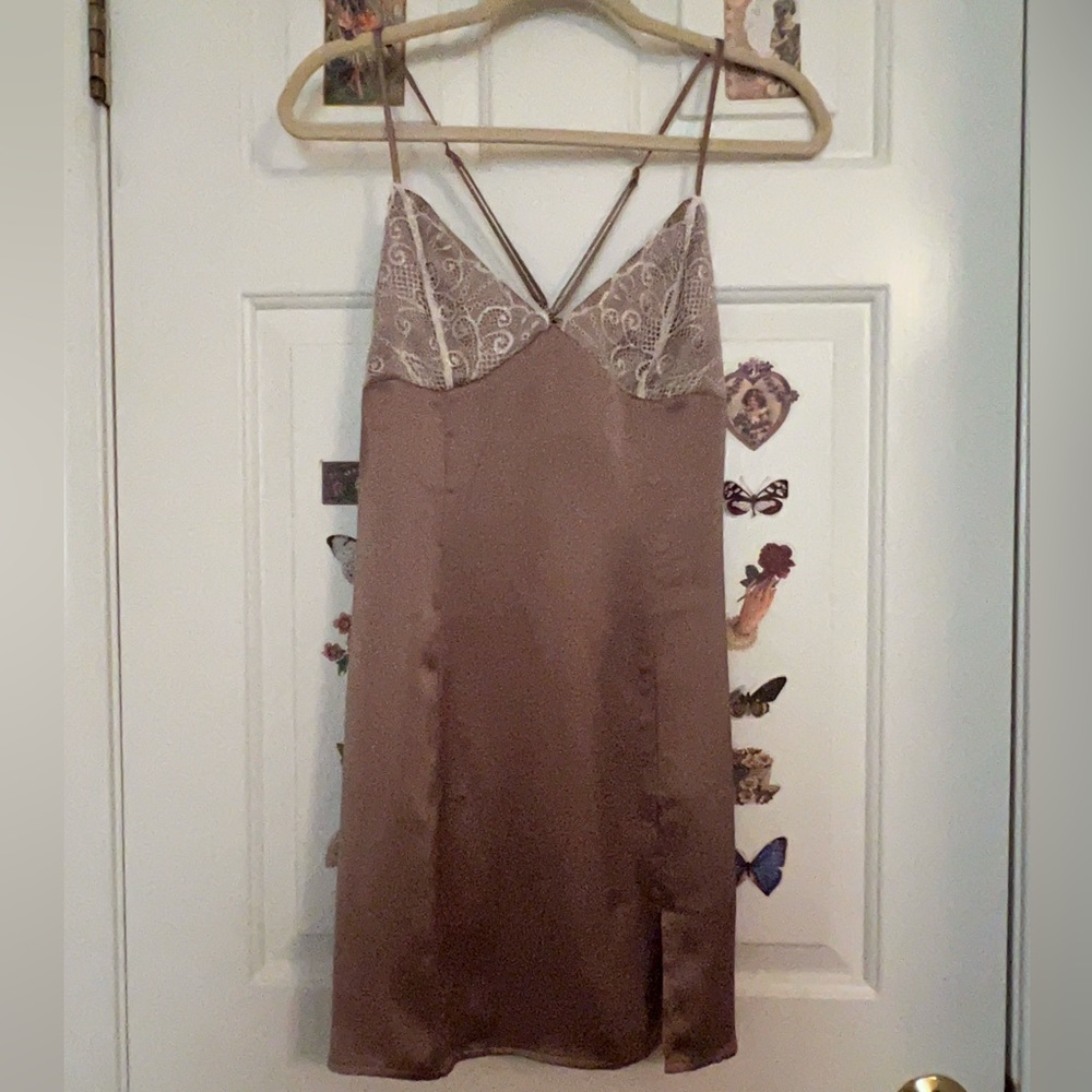 Garage Mini Satin Slip Dress Mauve/Tan with Lace Top Coquette Fairycore
